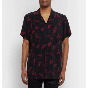 AMIRI Camp Collar Printed Matte Satin Shirt Sz XXL Black Red Birds Doves Luxury